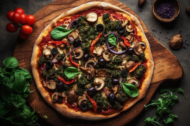 Super healthy vegan pizza with sliced vegetables Generative AI illustration