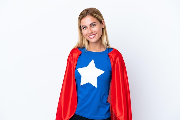 Super Hero blanke vrouw geïsoleerde achtergrond lachen