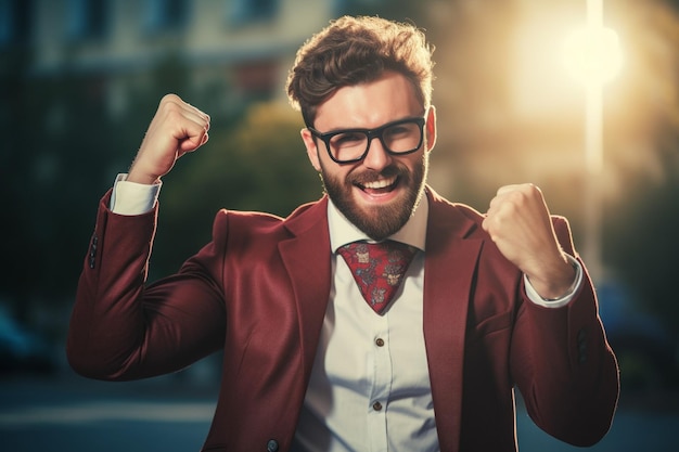 Foto l'uomo d'affari supereroe che fa il gesto della vittoria