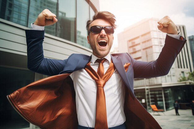 Photo super hero businessman doing victory gesture