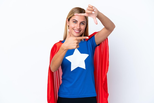 Super Hero caucasian woman isolated background focusing face Framing symbol