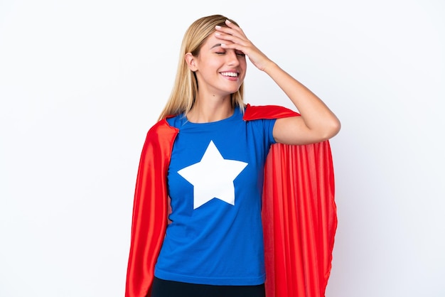 Super Hero caucasian woman isolated background has realized something and intending the solution