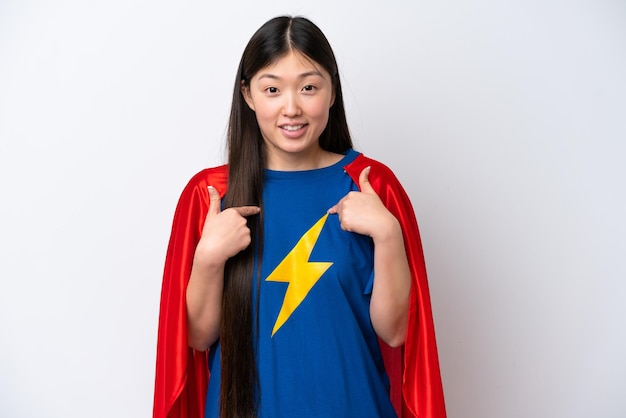 Super hero chinese woman isolated on white background with\
surprise facial expression