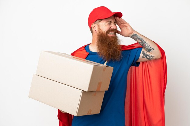 Super hero delivery reddish man isolated on white background\
smiling a lot