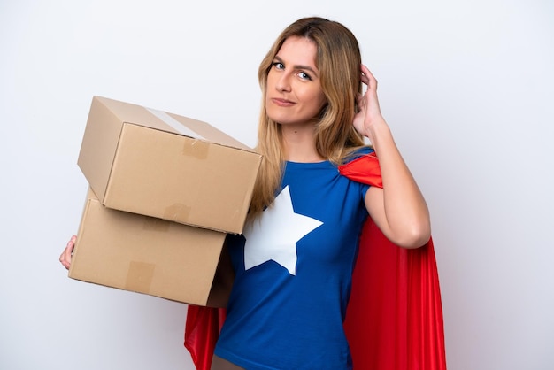 Super Hero delivery woman isolated on white background having doubts