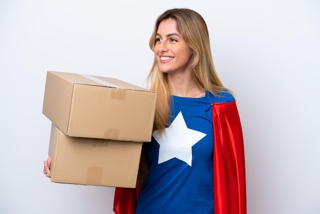 Super Hero delivery woman isolated on white background looking side