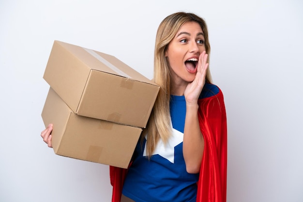 Super Hero delivery woman isolated on white background shouting with mouth wide open to the side