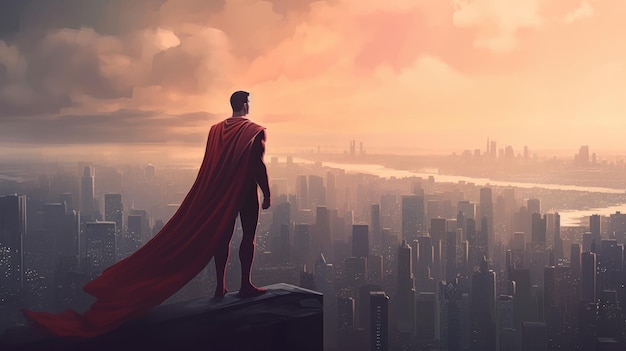 Super hero man looking out over a city skyline AI generated illustration