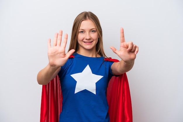 Super Hero Russian woman isolated on white background counting seven with fingers