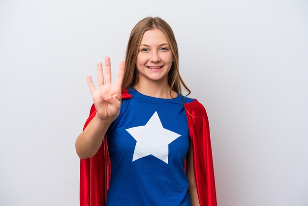 Super Hero Russian woman isolated on white background happy and counting four with fingers