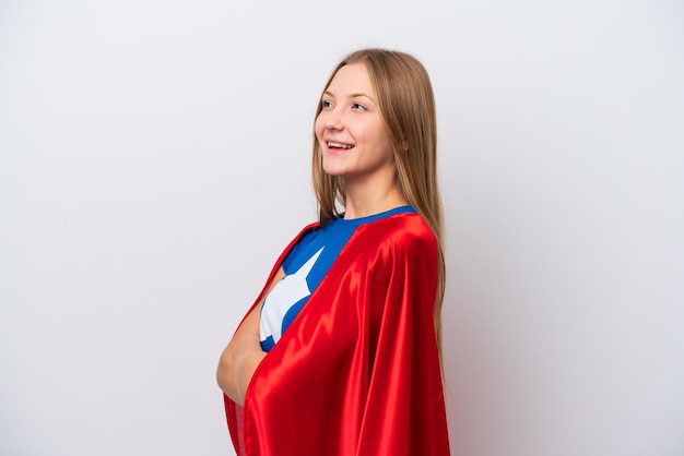 Super hero russian woman isolated on white background happy and\
smiling