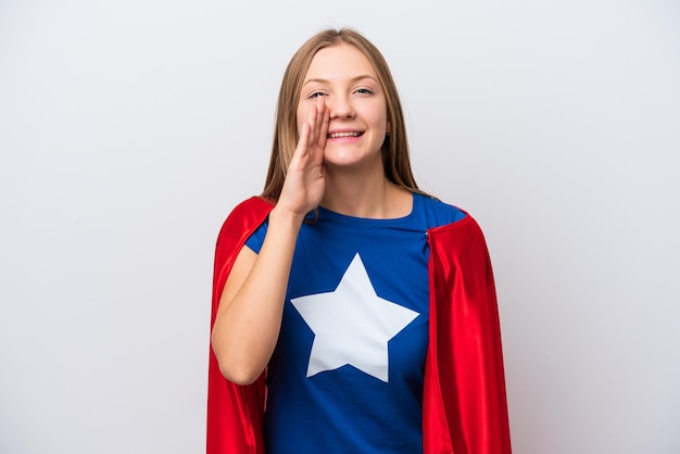 Super Hero Russian woman isolated on white background shouting with mouth wide open