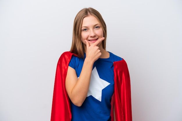 Super Hero Russian woman isolated on white background smiling