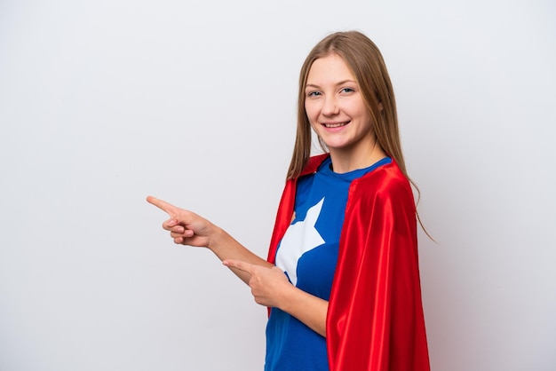 Super Hero Russian woman isolated on white background surprised and pointing side