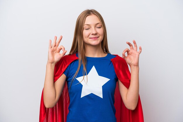 Super Hero Russian woman isolated on white background in zen pose