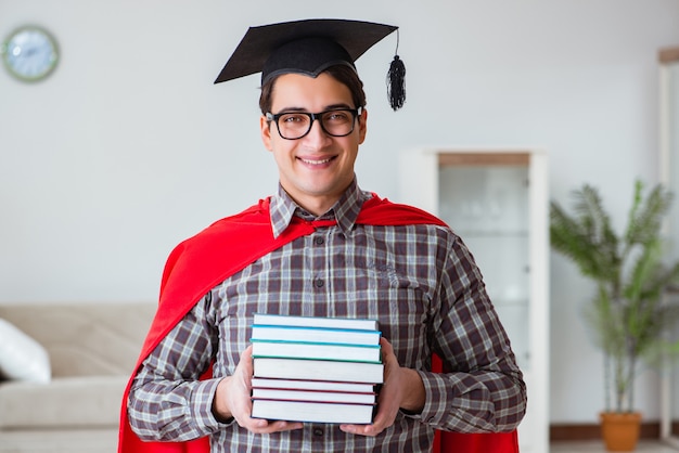 Super hero student with books studying for exams