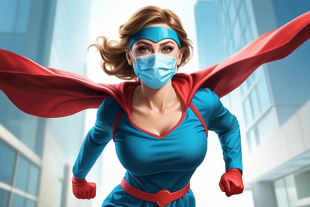 슈퍼 히어로 여성 의사 또는 간호사 개념: 여성 의료 의료 전문가가 공중에서 날아다니며 얼굴 마스크 PPE를 착용합니다.