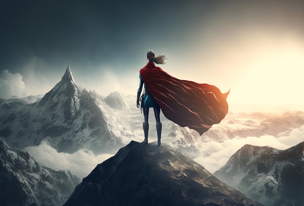Фото Женщина-супергерой на вершине горы генеративный ии