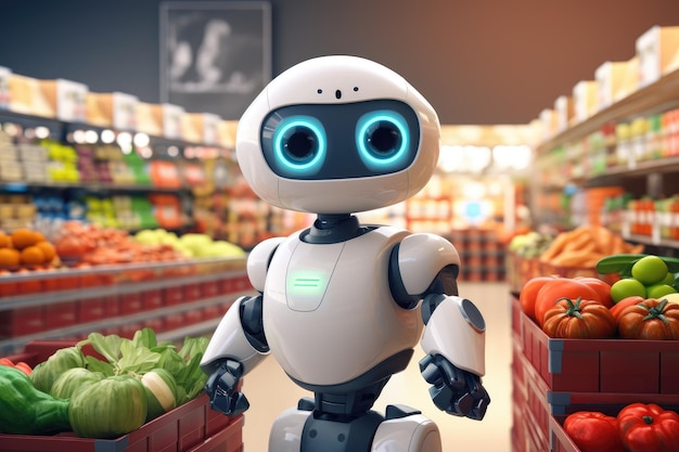 Super leuke robot in de supermarkt die groenten koopt.