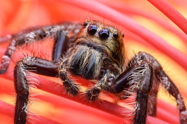 Super macro male Hyllus diardi or Jumping spider hiding in red Ixora flower