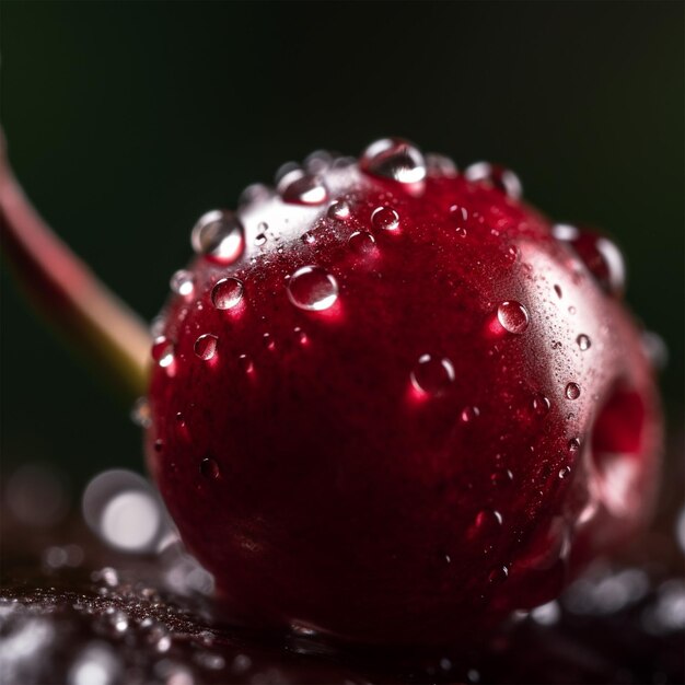 Foto super macro di una singola ciliegina con una goccia d'acqua