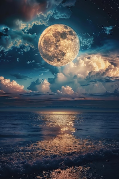 super moon and clouds in the night on sea