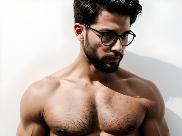 メガネと顔の毛を持つ超現実的な筋肉毛深い男の肖像画