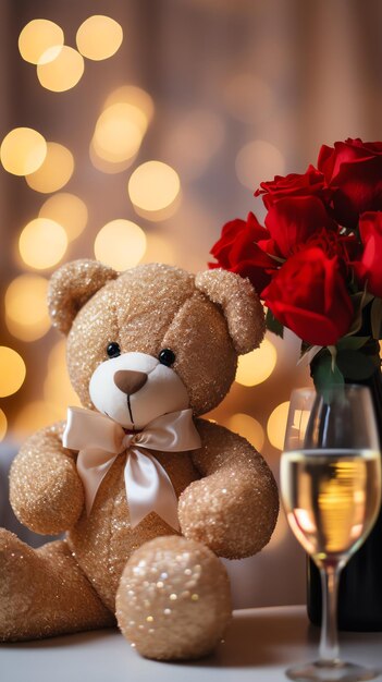 Super schattig teddybeer speelgoed met rode rozen Gelukkige Valentijnsdag kaart concept AI gegenereerde afbeelding
