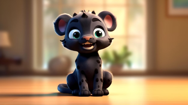 Super schattige kleine panter weergegeven in de stijl van pixar cartoon full body glanzend en pluizig heldere grote ogen pluizige staart zoete smilegeneratieve Ai