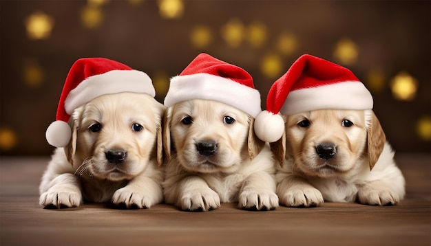 Super schattige puppy's met de kerstman kersthoed groep schattige puppy's met kerstmis