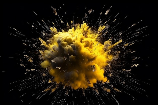 Photo super slow motion of gold yellow colored powder explosion isolated