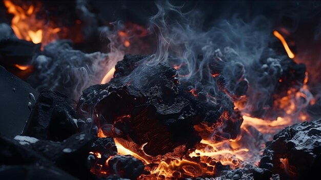 Photo super slow motion of rotating coal pieces with fire