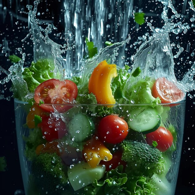 Foto super slow motion le verdure si fondono dolcemente nell'acqua trasparente del mixer che vortica per i social media po