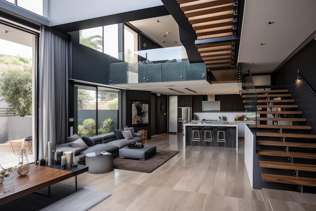 The super smart modern home studio kitchen boasts of a sleek and functional design with big windows and stairs creating an open and airy atmosphere Generative AI