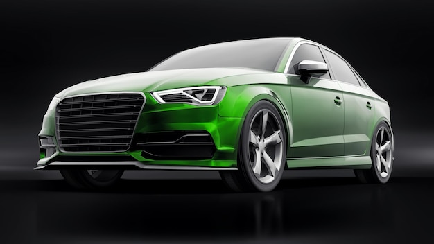 Super snelle sportwagen kleur groen metallic op een zwarte achtergrond. Carrosserievorm sedan. Tuning is een versie van een gewone gezinsauto. 3D-rendering.