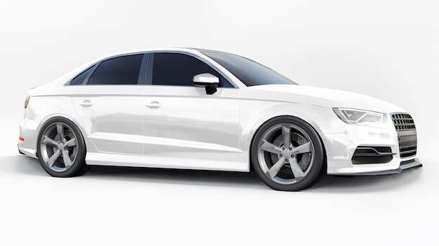 Super snelle sportwagen witte kleur op een witte achtergrond. Carrosserievorm sedan. Tuning is een versie van een gewone gezinsauto. 3D-rendering.