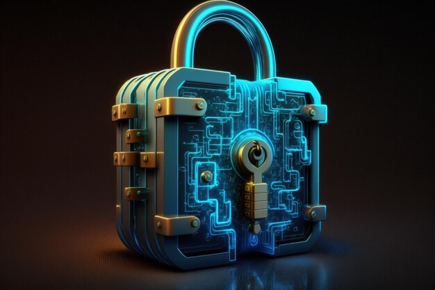 Super technological padlock with blue circuits data security concept Generative AI