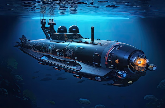 Photo super technological submarine at the bottom of the sea fiction concept generative ai