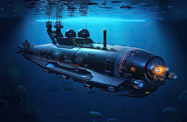 Super technologische onderzeeër op de bodem van de zee fictief concept Generatieve AI