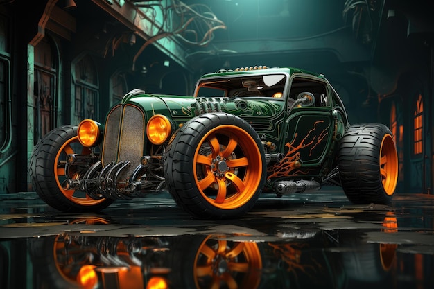 super tuning auto in de stijl van hot wheels op vuur en vlam helloween achtergrond