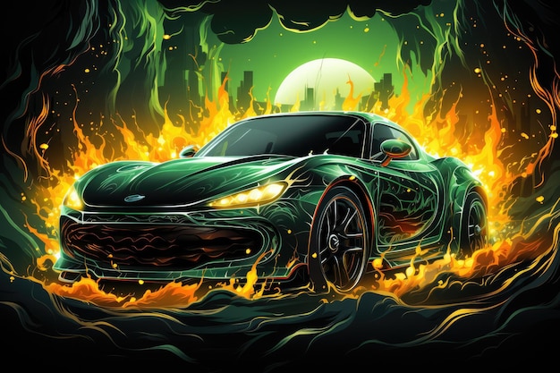 super tuning car in the style of hot wheels in fire and flame helloween background