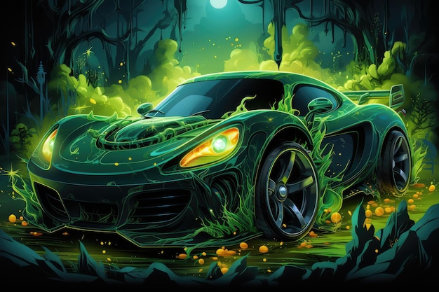 super tuning car in the style of hot wheels in fire and flame helloween background