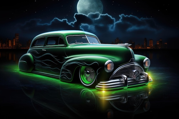 super tuning car in the style of hot wheels in fire and flame helloween background
