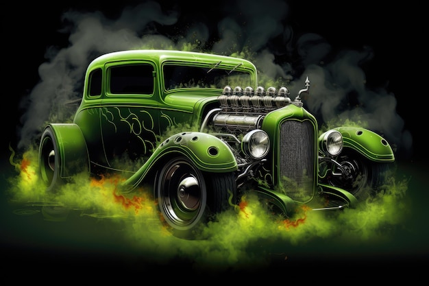 super tuning car in the style of hot wheels in fire and flame helloween background