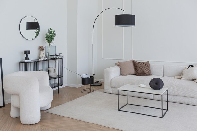 Super white simple clean and stylish interior with modern furniture in nude color and contrasting black elements luxury design of a large bright room living room