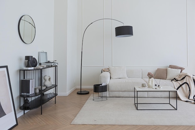 Super white simple clean and stylish interior with modern furniture in nude color and contrasting black elements luxury design of a large bright room living room