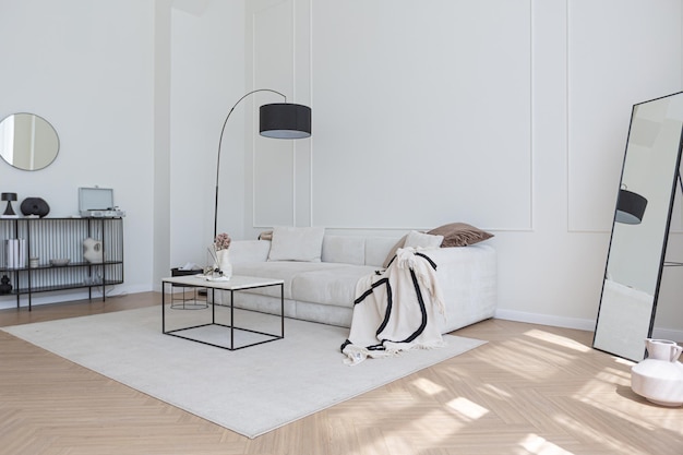 Super white simple clean and stylish interior with modern furniture in nude color and contrasting black elements luxury design of a large bright room living room