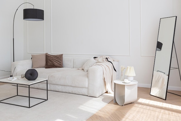 Super wit eenvoudig schoon en stijlvol interieur met moderne meubels in nude kleur en contrasterende zwarte elementen luxe design van een grote lichte kamer woonkamer