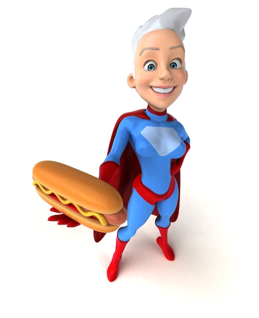 Foto super donna che tiene un hot dog