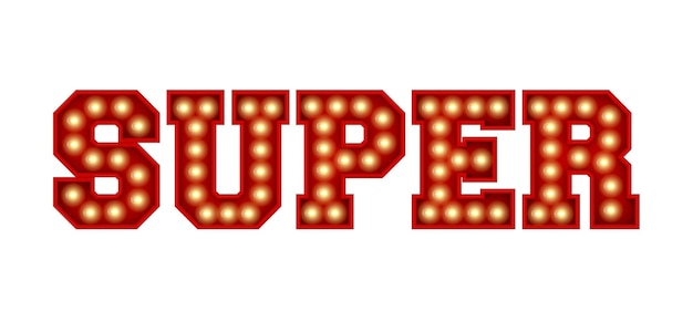 Super word made from red vintage lightbulb lettering isolated on a white 3D Rendering